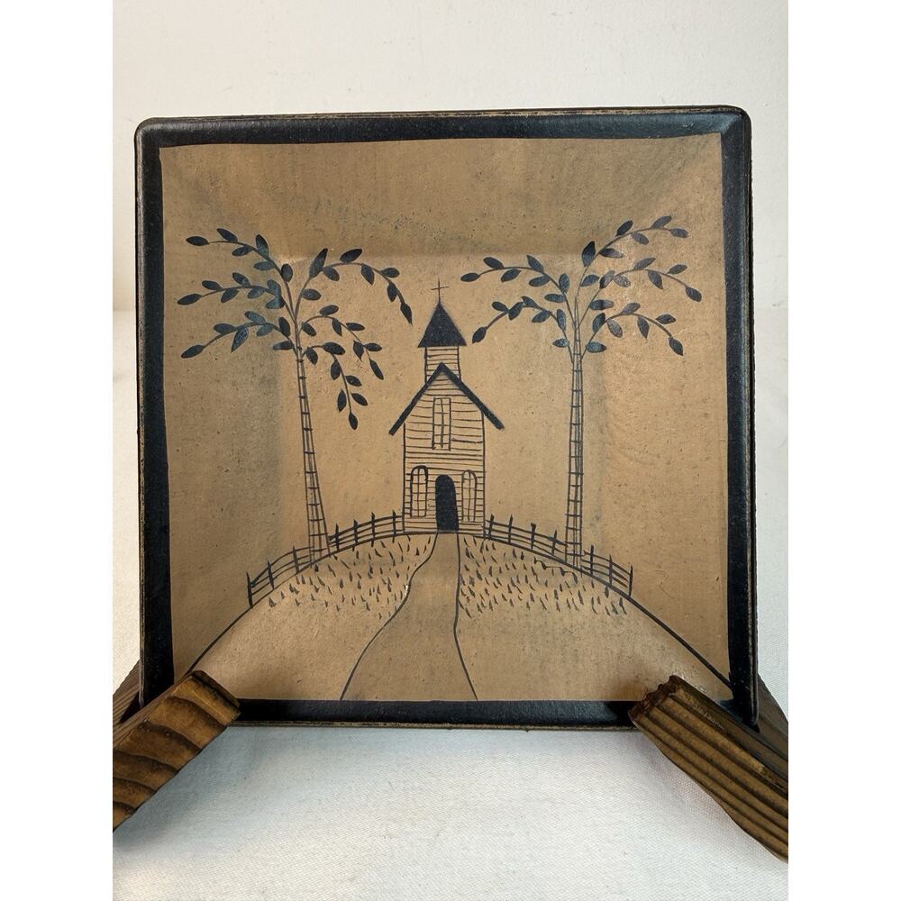 Donna White Hearthstone Col Primative Folk Art 6’ Square Wooden Church Scene